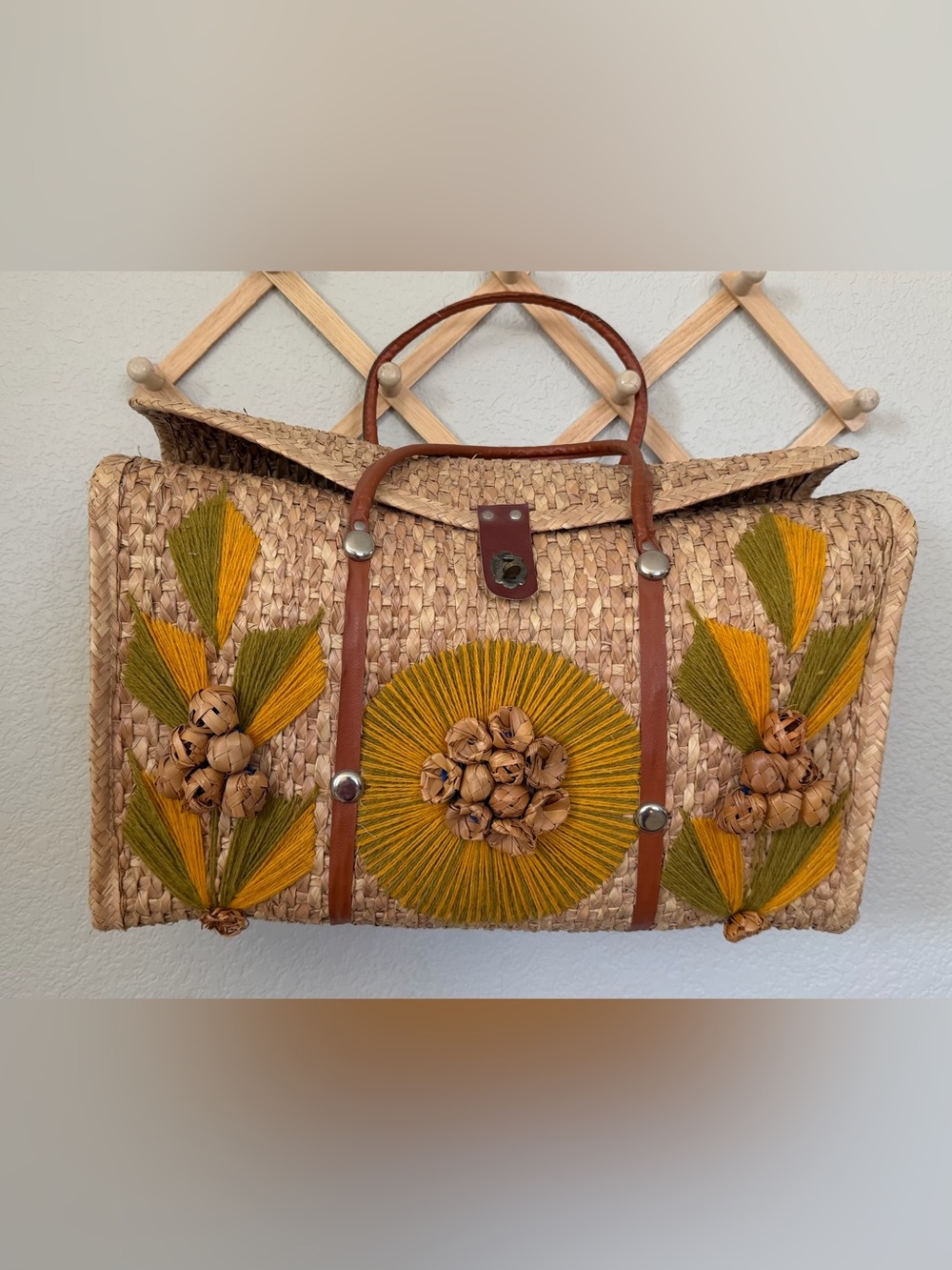 Vintage 60s-70s Hand Woven Acapulco Straw Tote with Mustard & Olive Embroidery